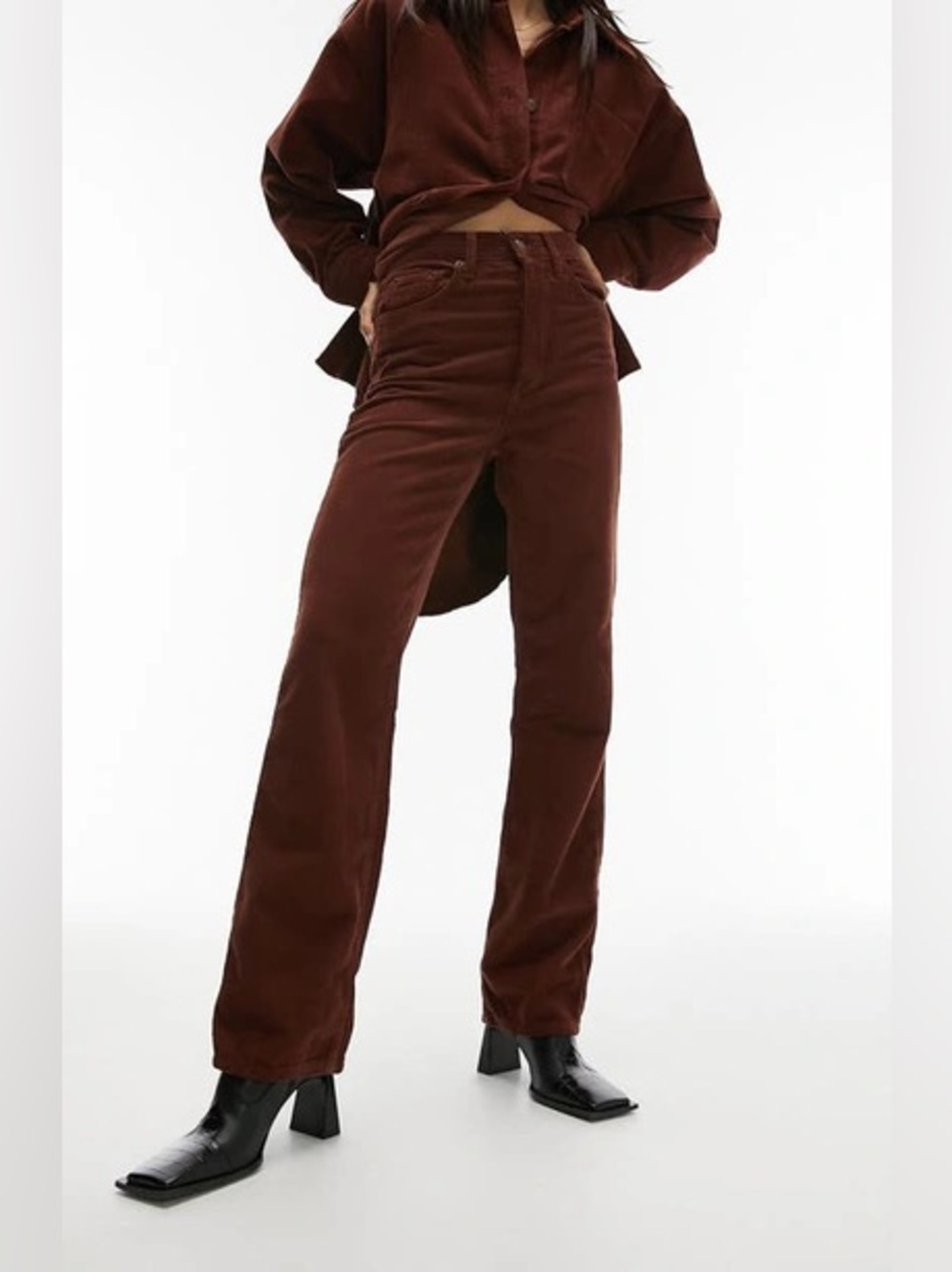 Topshop Kort High Waist Corduroy Pants In Brown Straight Leg Size 26 x 30 Women
